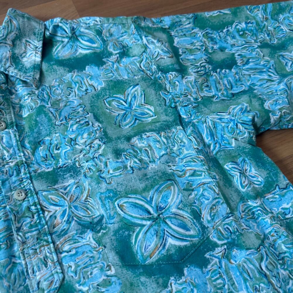 Vintage 90's Go Barefoot Trader Joes Uniform Blue Hawaiian Floral Polo Shirt L - Picture 2 of 9